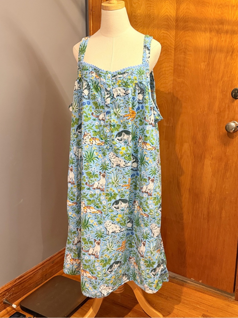 Printfresh 3X Must Love Cats Back To Bed Nightgown Organic Cotton Blue Floral